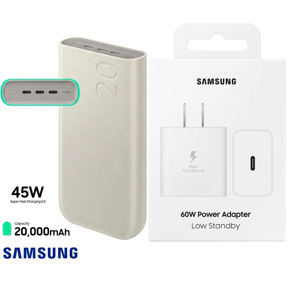 KIT SAMSUNG POWER BANK 20000 MAH + CARGADOR 60W BLANCO - 1