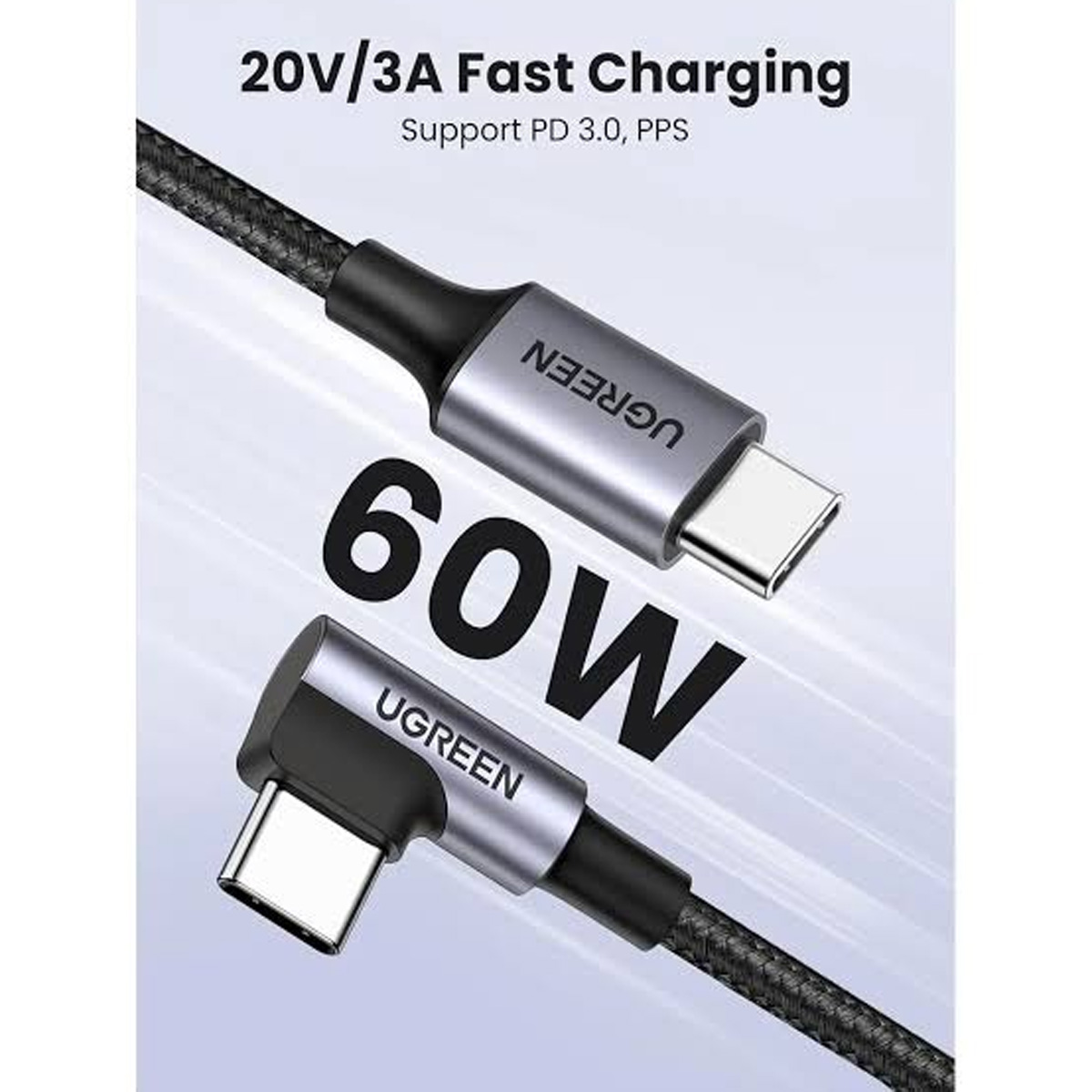 CABLE UGREEN USB-C A USB-C 90° 60W 1M NEGRO (US255-50123) - 2
