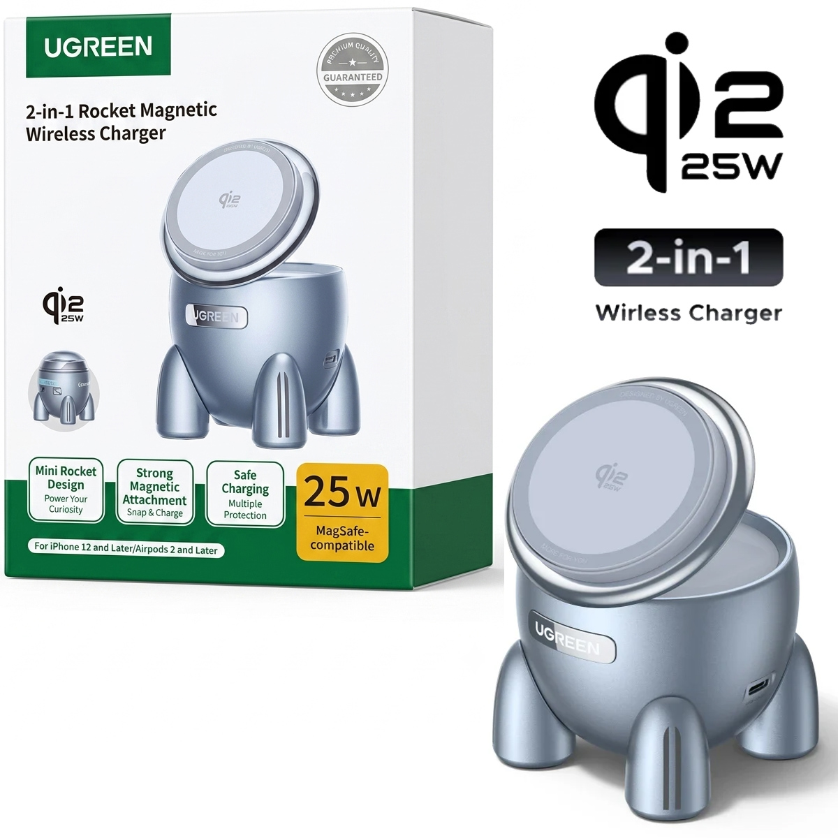 CARGADOR INALÁMBRICO UGREEN UNO QI2 25W MAGSAFE 2 EN 1 W713 65300 - 1