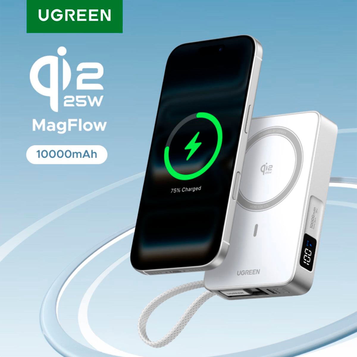 POWER BANK UGREEN PB773 MAGFLOW 10000MAH QI2 25W INALÁMBRICO - BLANCO - 3