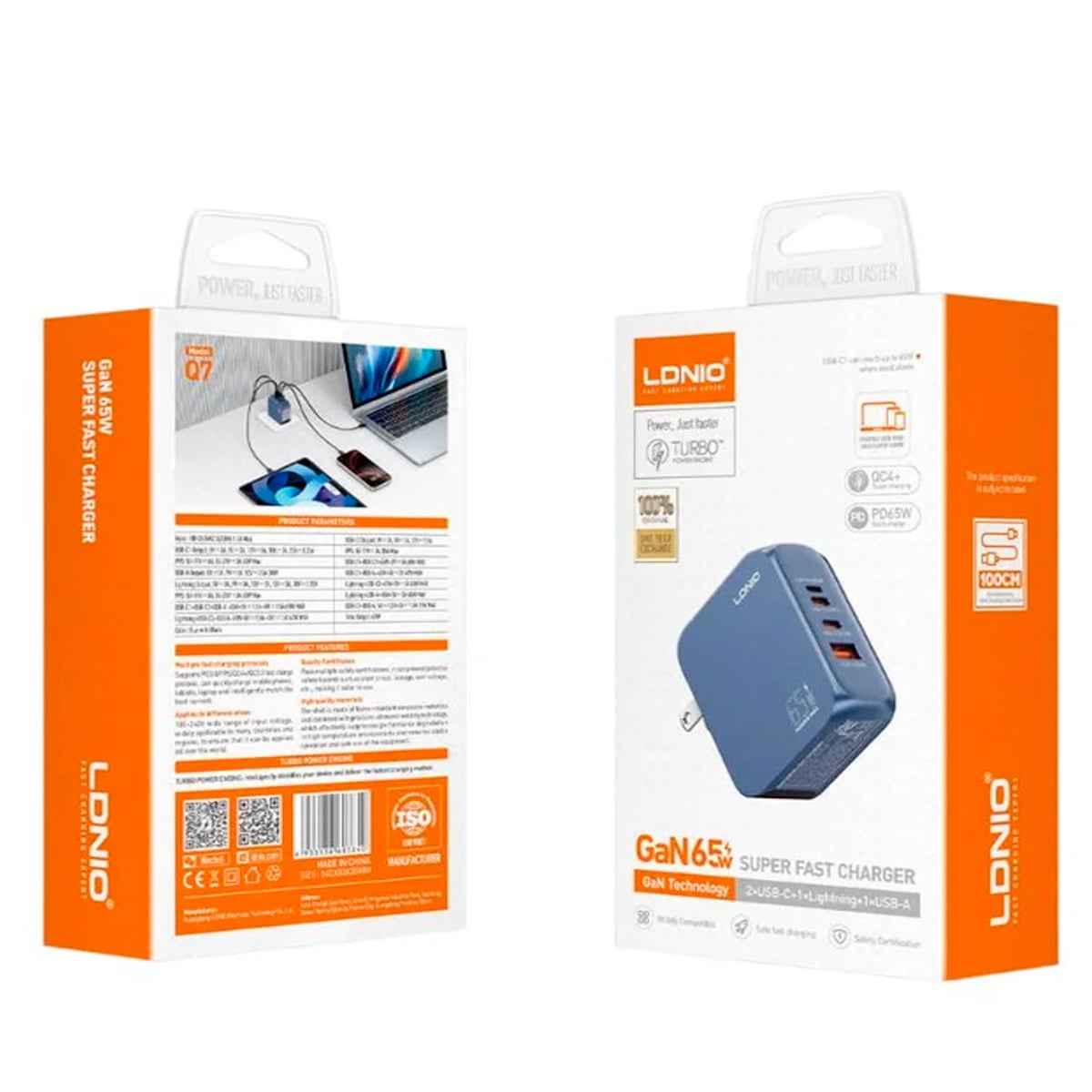 CARGADOR RÁPIDO LDNIO Q7 GAN 65W CON CABLE USB-C A USB-C 1M PD QC4+ - 1
