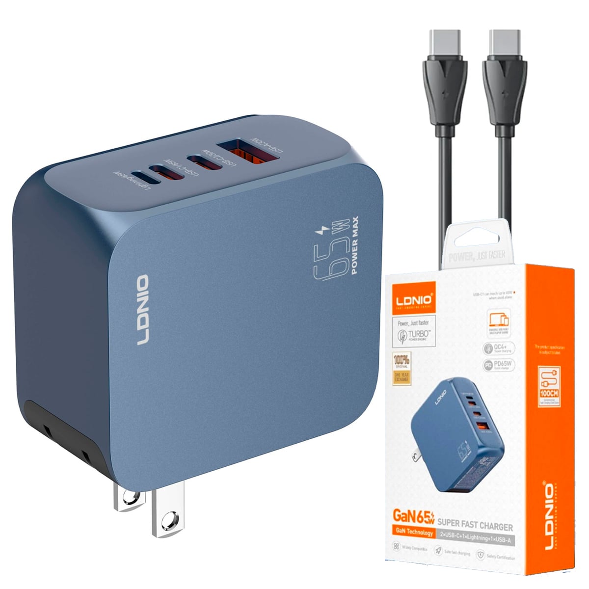 CARGADOR RÁPIDO LDNIO Q7 GAN 65W CON CABLE USB-C A USB-C 1M PD QC4+ - 2