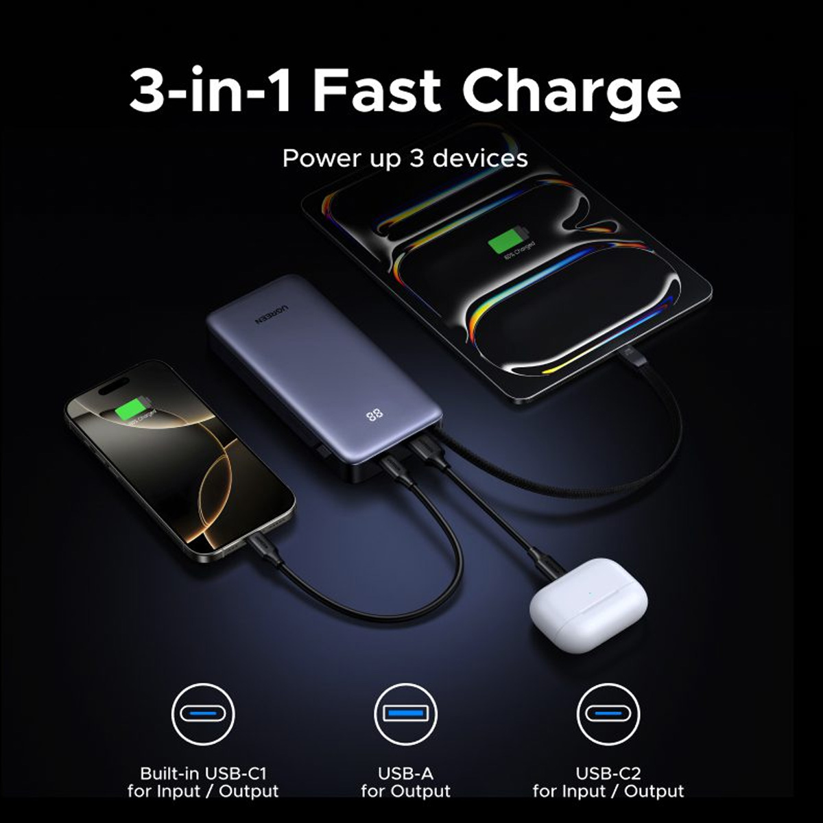 POWER BANK UGREEN PB537 20000 MAH PD 55W CON CABLE INTEGRADO BLACK - 6