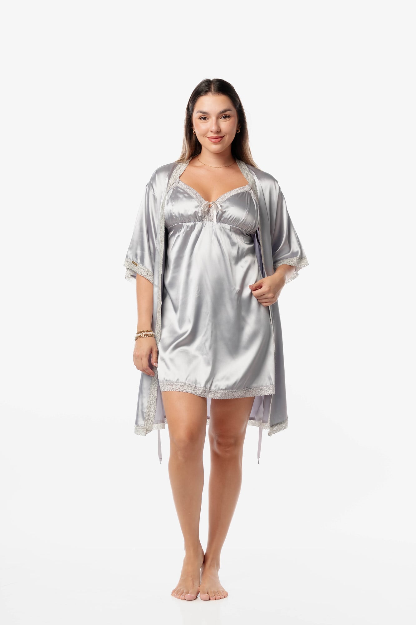 PIJAMA MUJER VELA WHITE PLATA VESTIDO BATA BECKY - 1