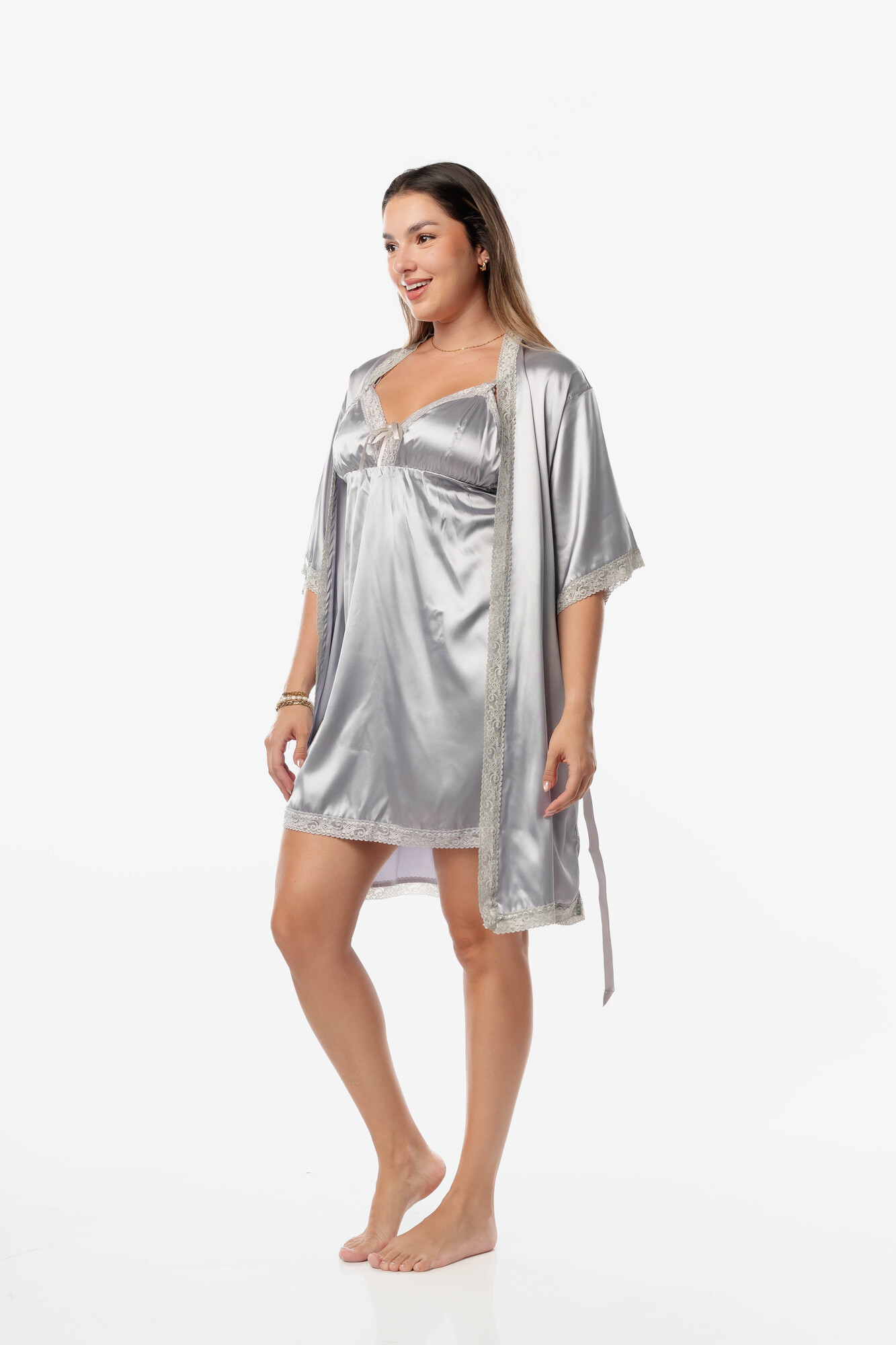 PIJAMA MUJER VELA WHITE PLATA VESTIDO BATA BECKY - 2