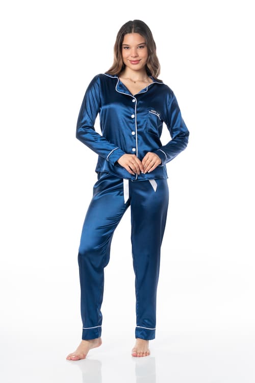 PIJAMA LARGO MUJER VELA WHITE ACERO CAMISA Y PANTALÓN BECKY - 1