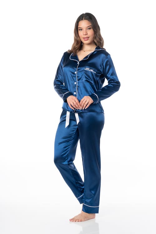 PIJAMA LARGO MUJER VELA WHITE ACERO CAMISA Y PANTALÓN BECKY - 2