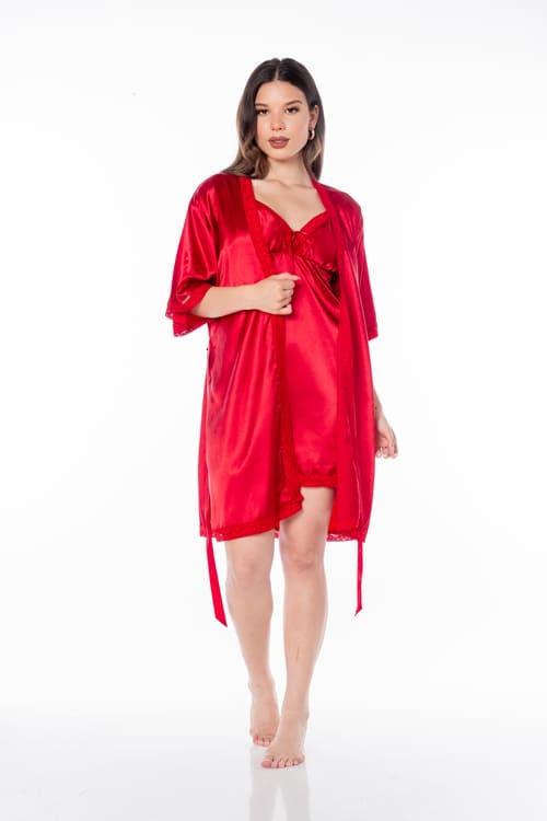 PIJAMA CORTO MUJER VELA WHITE ROJO VESTIDO BATA BECKY - 1