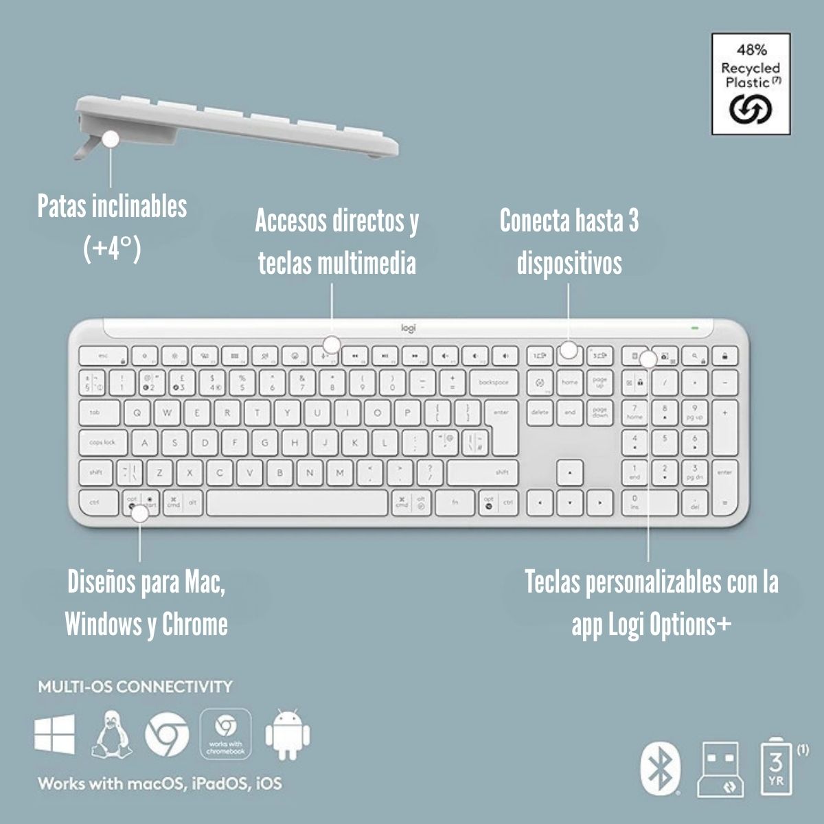 LOGITECH - TECLADO K950 SIGNATURE SLIM WIRELESS SPA - BLANCO - 6