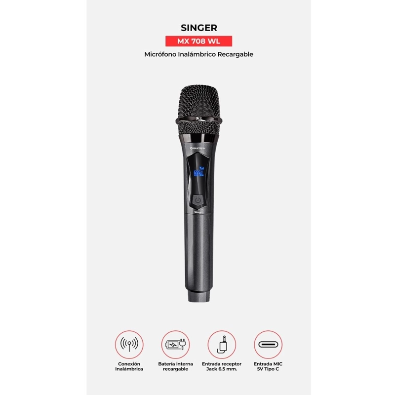 MAXTRON - MICRÓFONO SINGER MX708WL WIRELESS RECARGABLE KARAOKE - 3