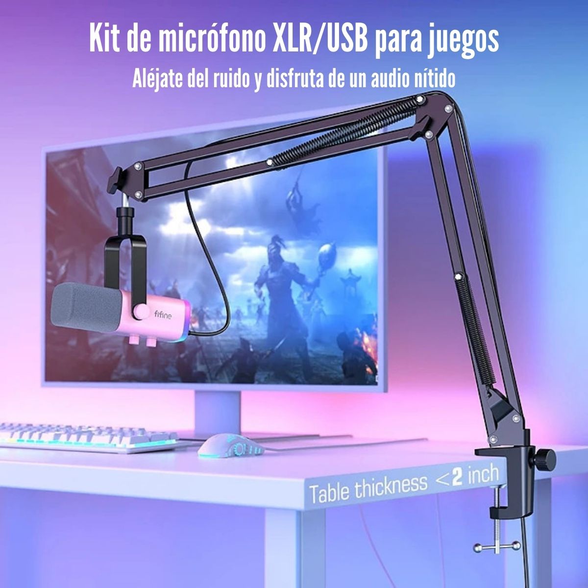 FIFINE - MICRÓFONO AMPLIGAME AM8T XLR/USB (INCLUYE BRAZO) - ROSADO - 2