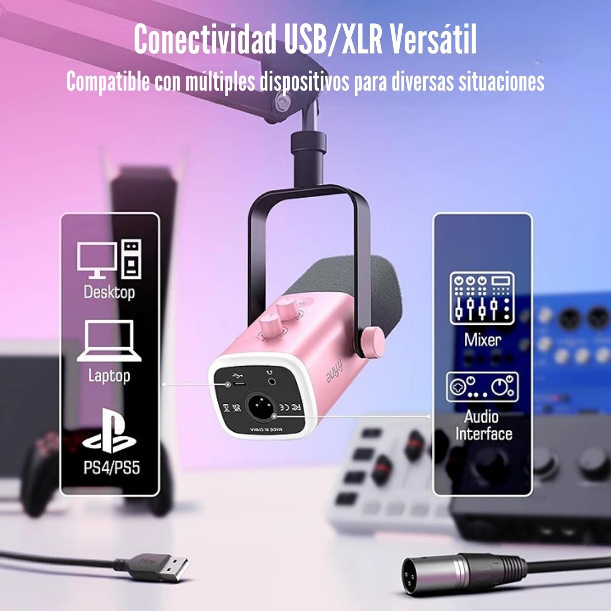 FIFINE - MICRÓFONO AMPLIGAME AM8T XLR/USB (INCLUYE BRAZO) - ROSADO - 3