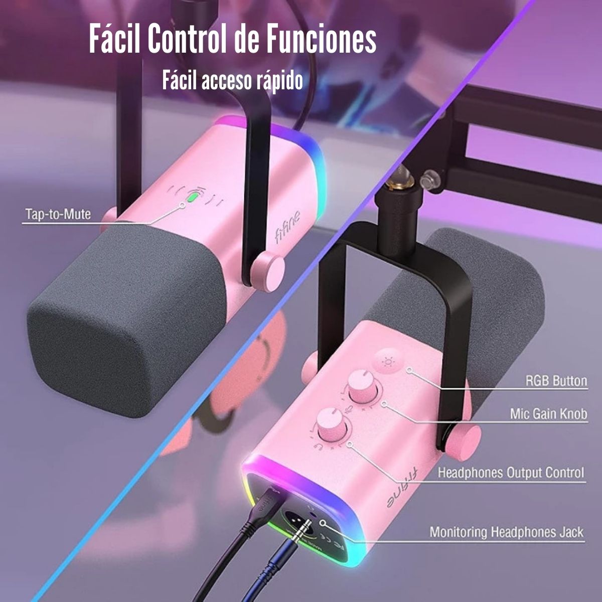 FIFINE - MICRÓFONO AMPLIGAME AM8T XLR/USB (INCLUYE BRAZO) - ROSADO - 5