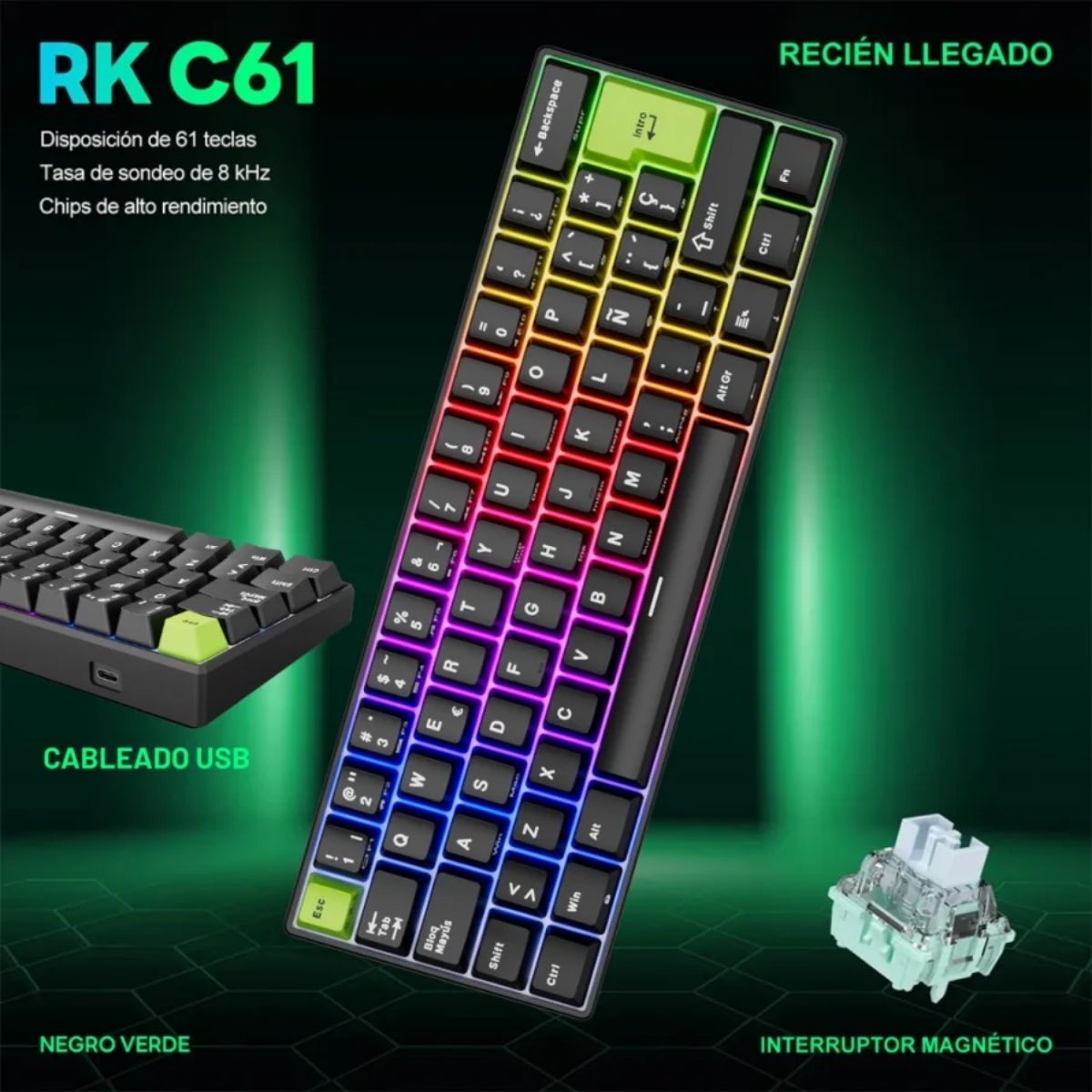 ROYAL KLUDGE - TECLADO C61 WIRED 60% ESPAÑOL BLACK GREEN SWITCH MINT - 2