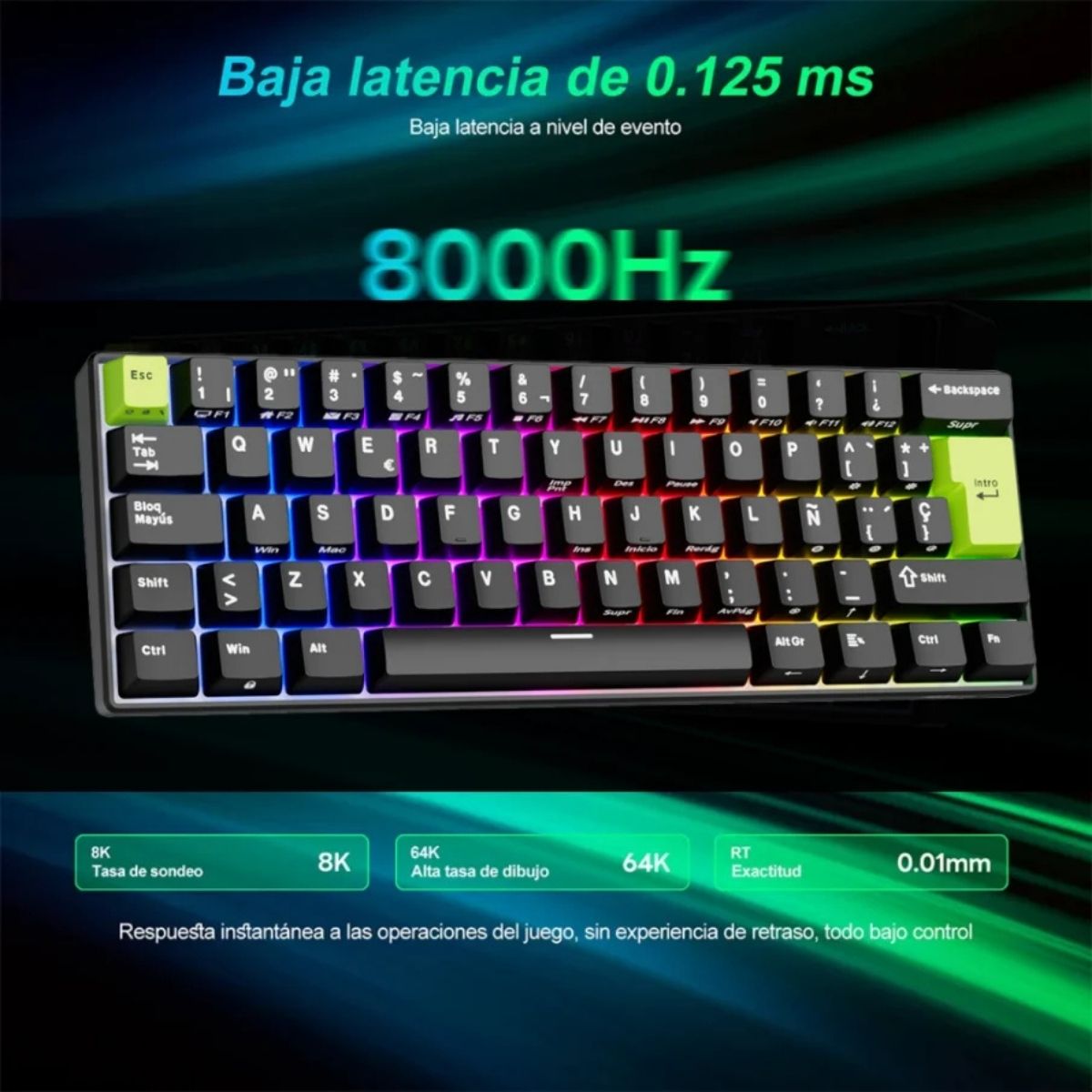 ROYAL KLUDGE - TECLADO C61 WIRED 60% ESPAÑOL BLACK GREEN SWITCH MINT - 3