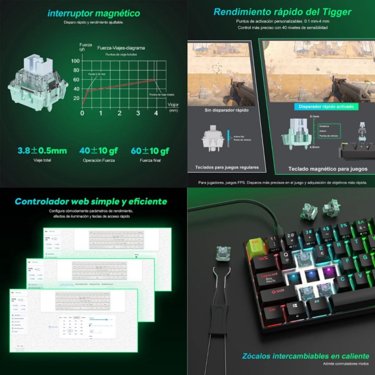 ROYAL KLUDGE - TECLADO C61 WIRED 60% ESPAÑOL BLACK GREEN SWITCH MINT - 4