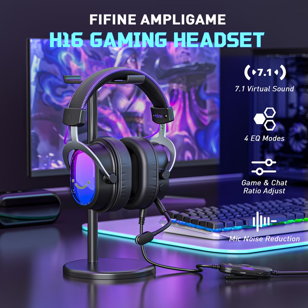 FIFINE - AUDÍFONO AMPLIGAME H16 RGB SONIDO VIRTUAL 7.1 - NEGRO - 2