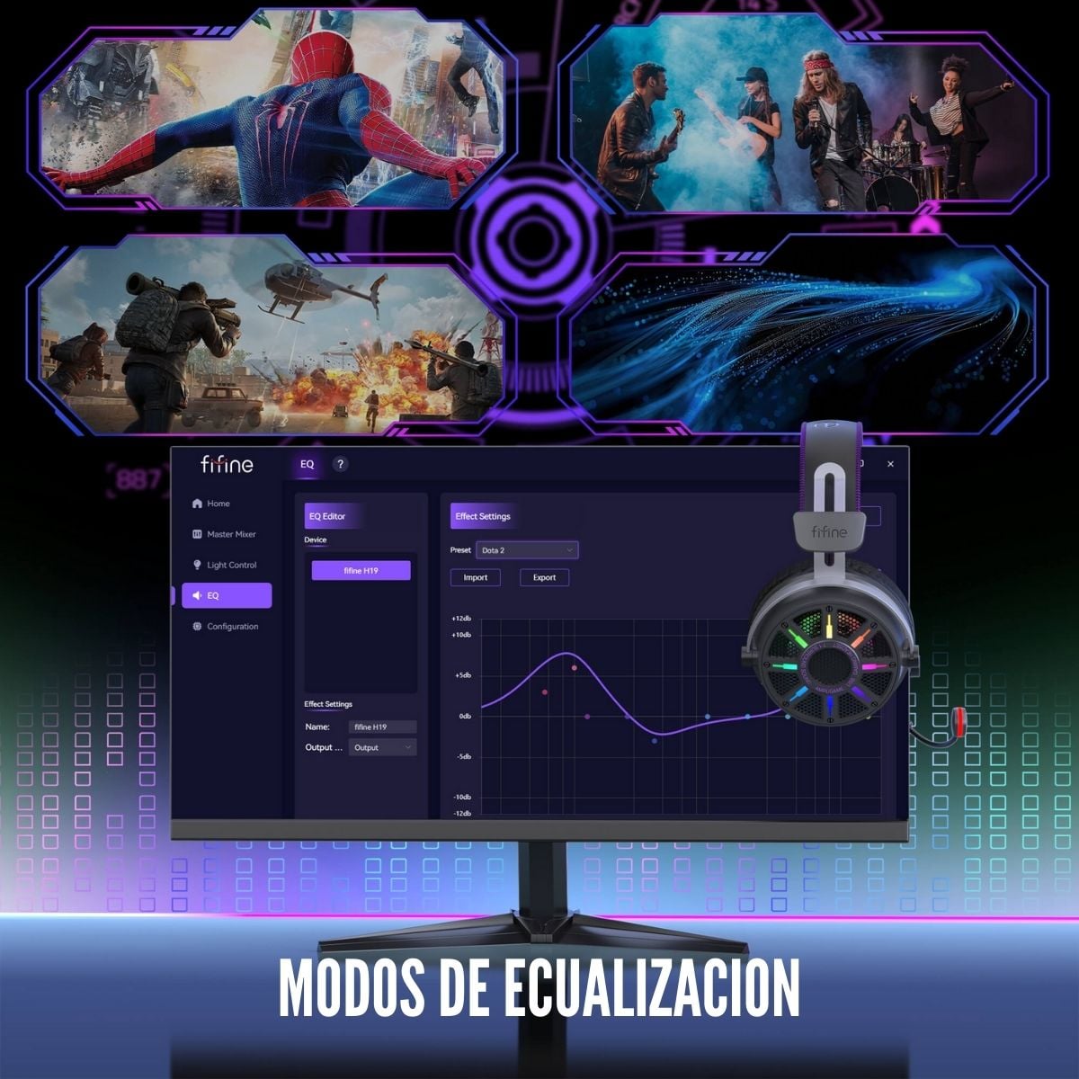 FIFINE - AUDÍFONO AMPLIGAME H19 RGB SONIDO VIRTUAL 7.1 - NEGRO - 2