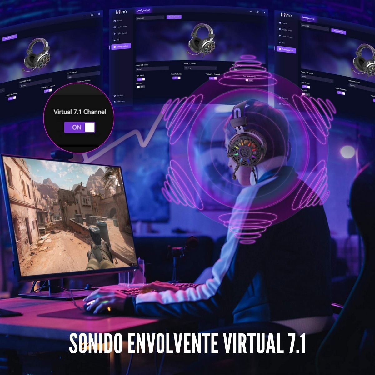 FIFINE - AUDÍFONO AMPLIGAME H19 RGB SONIDO VIRTUAL 7.1 - NEGRO - 3