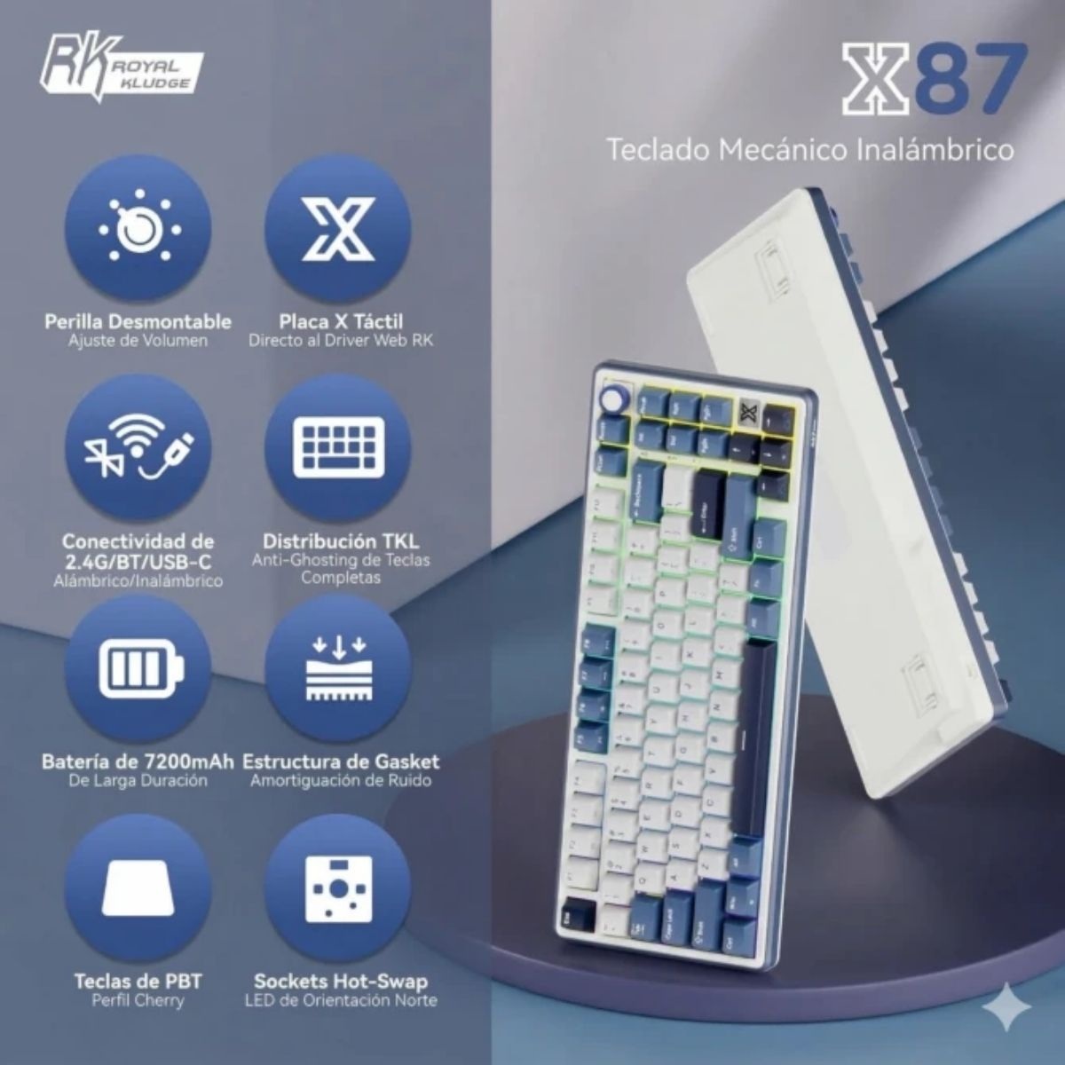 TECLADO ROYAL KLUDGE RK X87 WIRELESS 75% BLUE SWITCH BEIGE - 4
