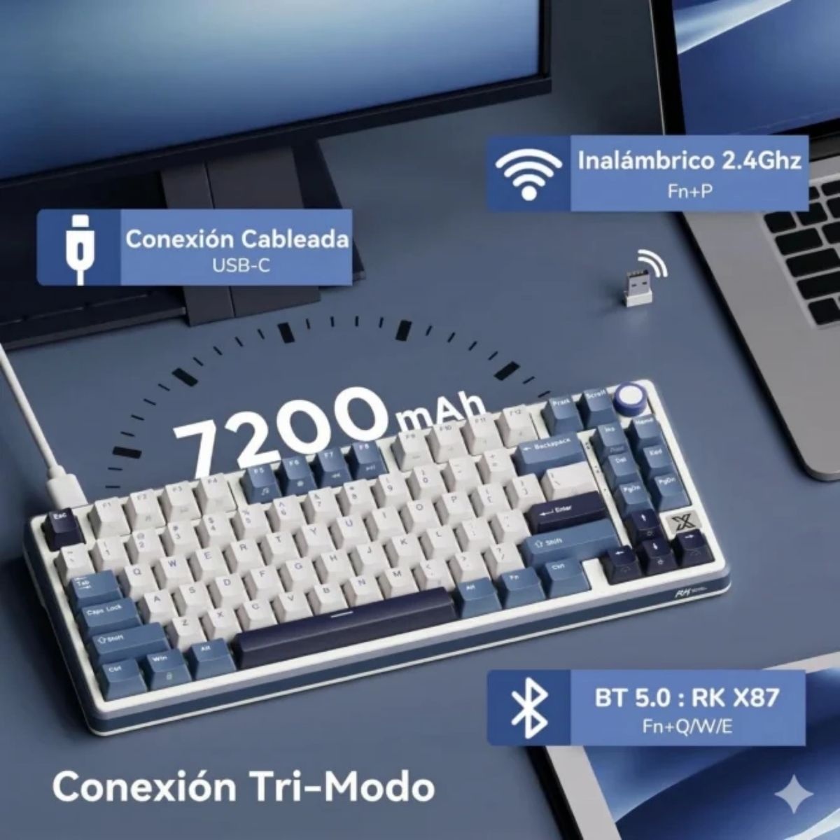TECLADO ROYAL KLUDGE RK X87 WIRELESS 75% BLUE SWITCH BEIGE - 6