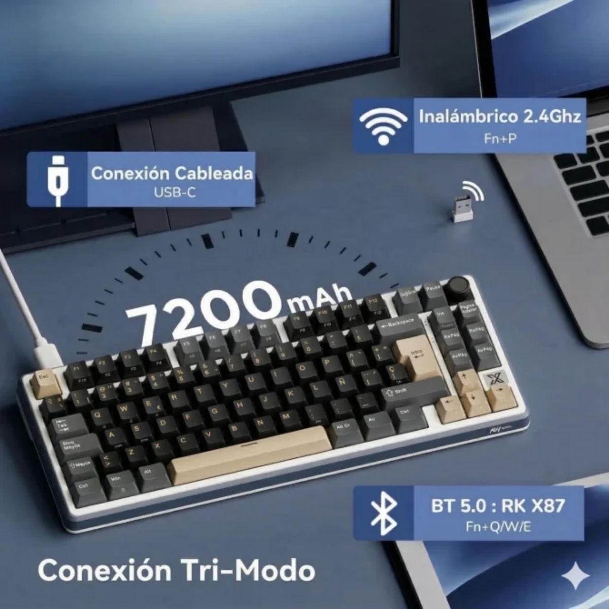 TECLADO ROYAL KLUDGE RK X87 WIRELESS 75% PHANTOM SWITCH BEIGE - 6