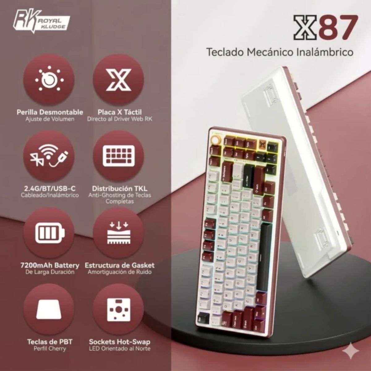 TECLADO ROYAL KLUDGE RK X87 WIRELESS 75% RED SWITCH CREAMY - 2