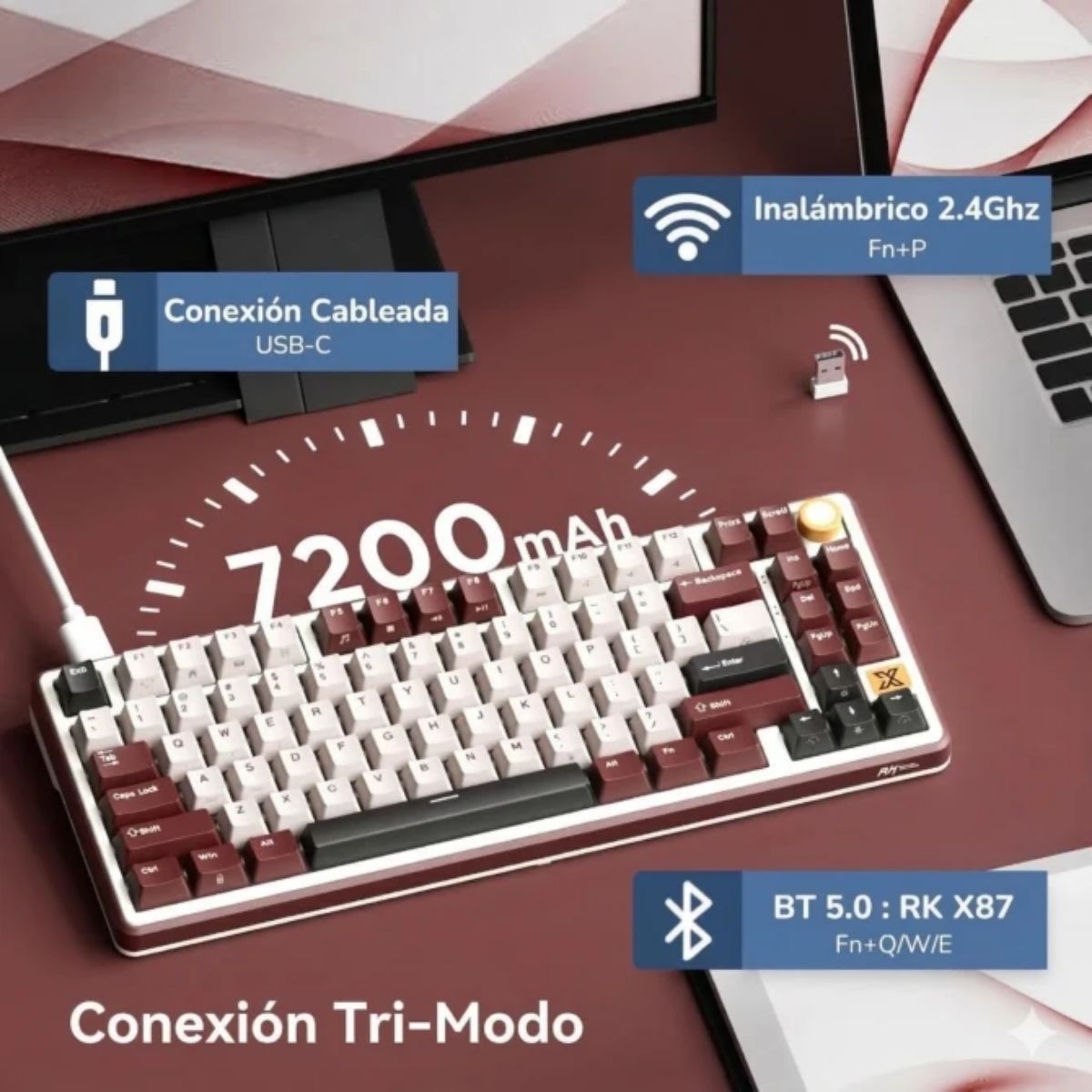 TECLADO ROYAL KLUDGE RK X87 WIRELESS 75% RED SWITCH CREAMY - 4