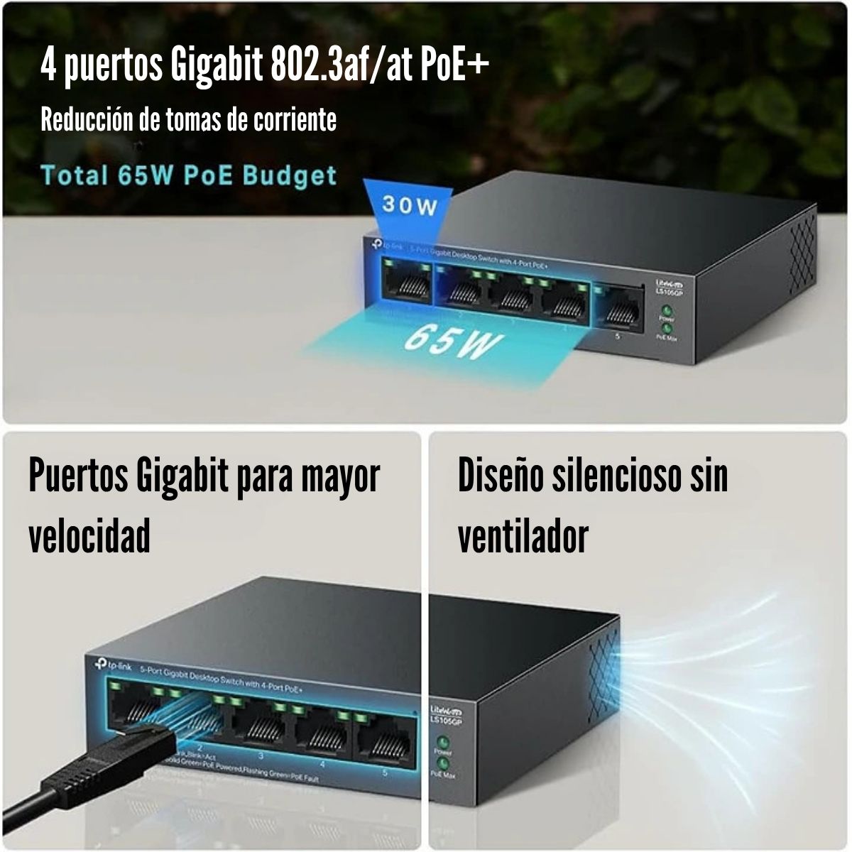 SWITCH TP-LINK LS105GP DE 5 PUERTOS GIGABIT (4 PUERTOS POE+) - 2