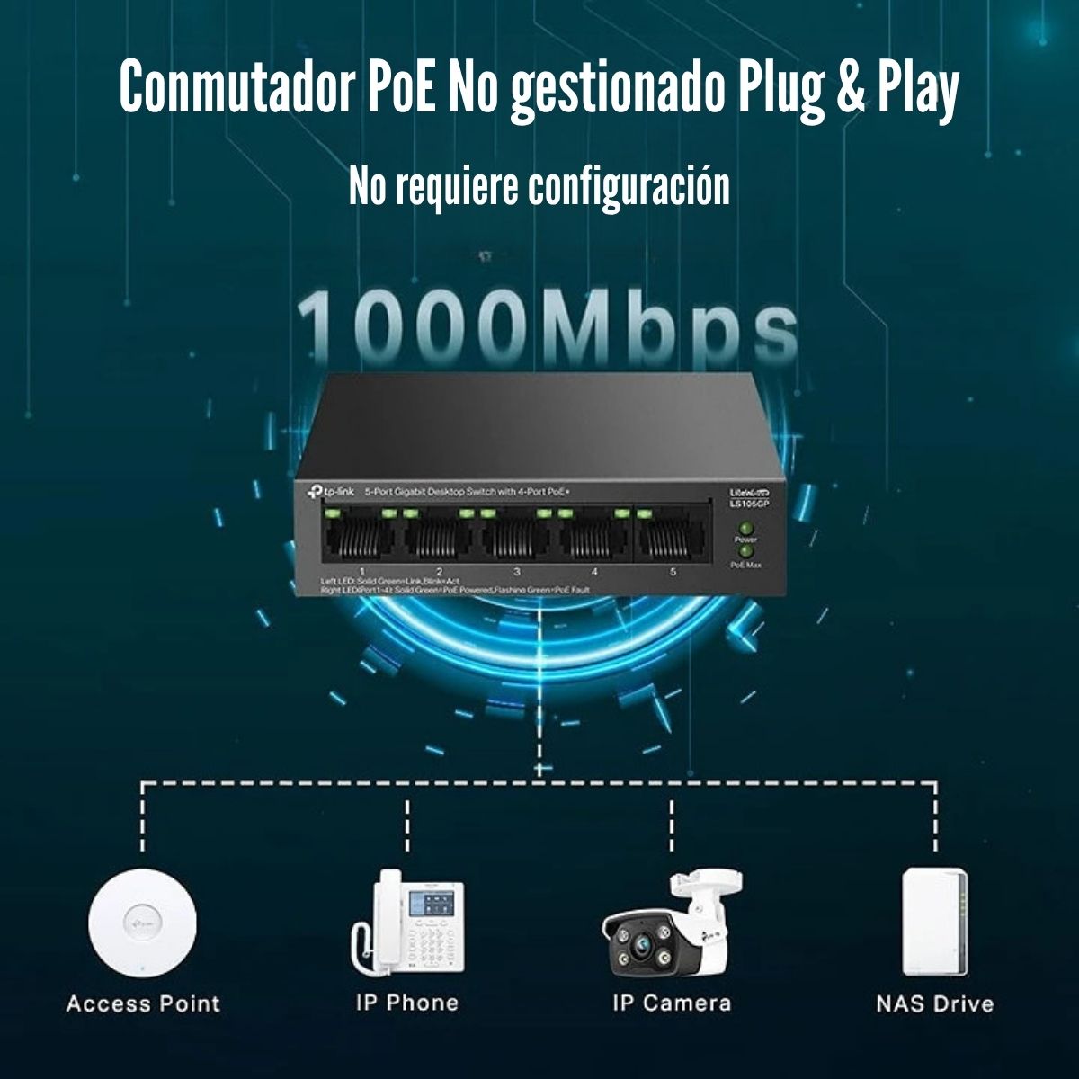 SWITCH TP-LINK LS105GP DE 5 PUERTOS GIGABIT (4 PUERTOS POE+) - 3