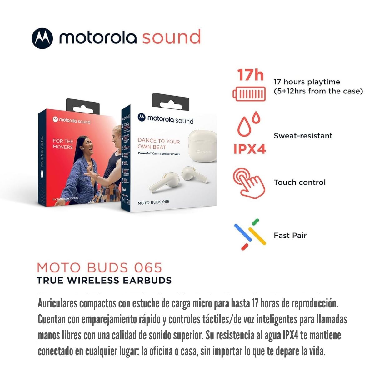 AUDÍFONO MOTOROLA MOTO BUDS 065 BLUETOOTH IPX4 - WHITE (TUFO) - 3