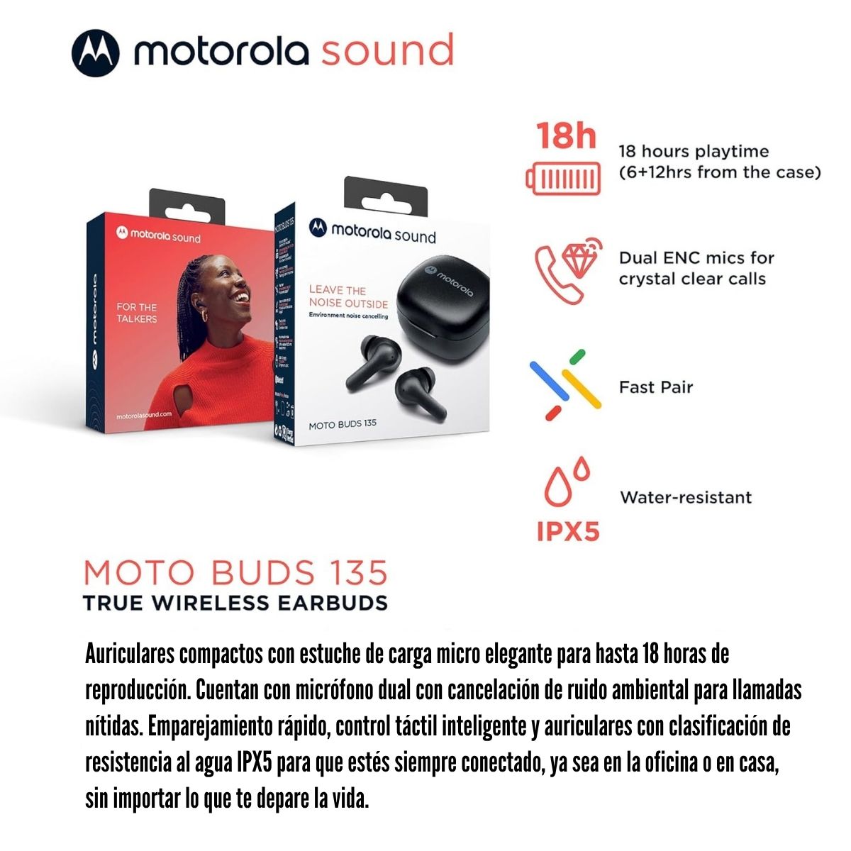 AUDÍFONO MOTOROLA MOTO BUDS 135 BLUETOOTH IPX5 - BLACK - 2