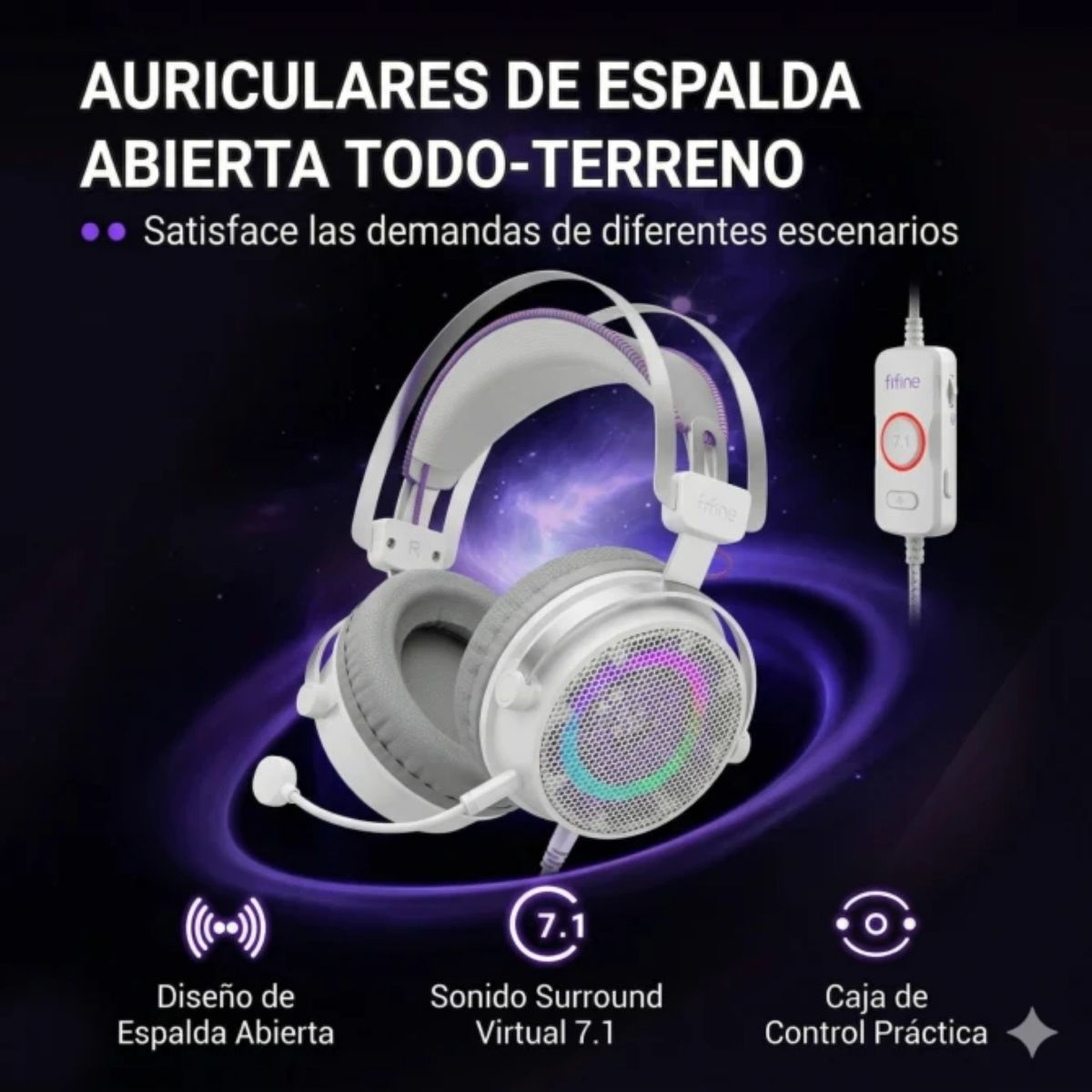 AUDÍFONO FIFINE AMPLIGAME H18V RGB SONIDO VIRTUAL 7.1 - BLANCO - 2