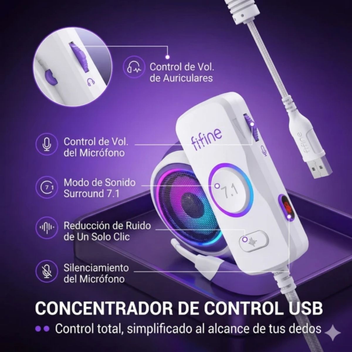 AUDÍFONO FIFINE AMPLIGAME H18V RGB SONIDO VIRTUAL 7.1 - BLANCO - 4