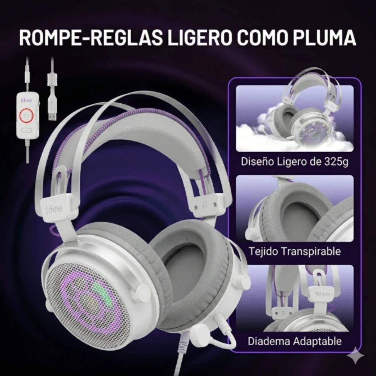 AUDÍFONO FIFINE AMPLIGAME H18V RGB SONIDO VIRTUAL 7.1 - BLANCO - 5