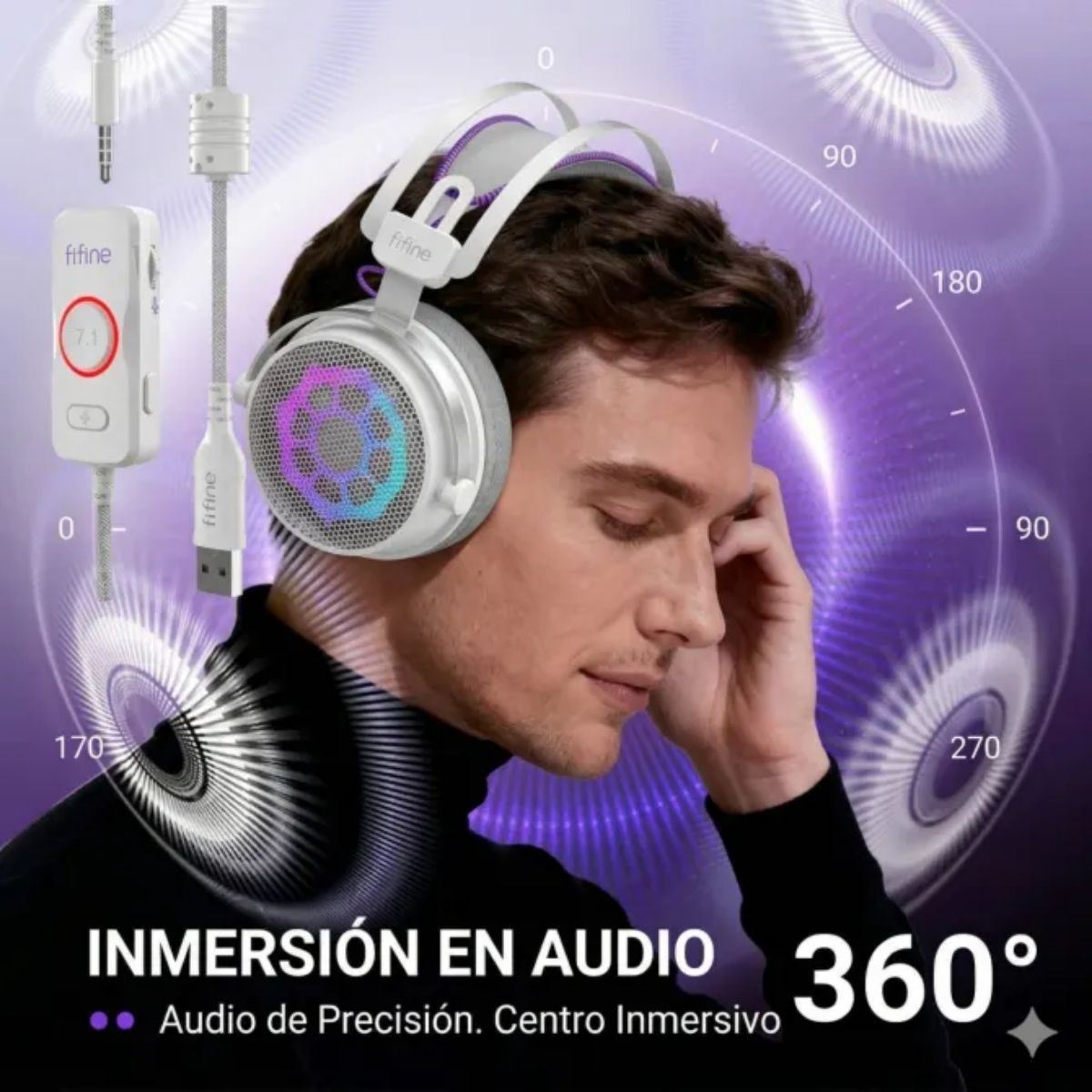 AUDÍFONO FIFINE AMPLIGAME H18V RGB SONIDO VIRTUAL 7.1 - BLANCO - 6