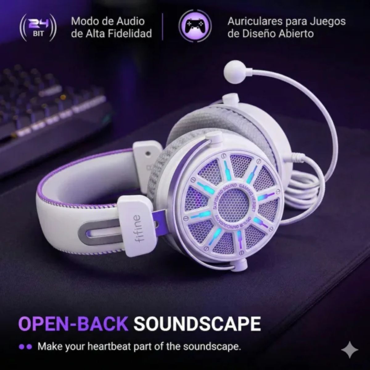 AUDÍFONO FIFINE AMPLIGAME H19 RGB SONIDO VIRTUAL 7.1 - BLANCO - 3