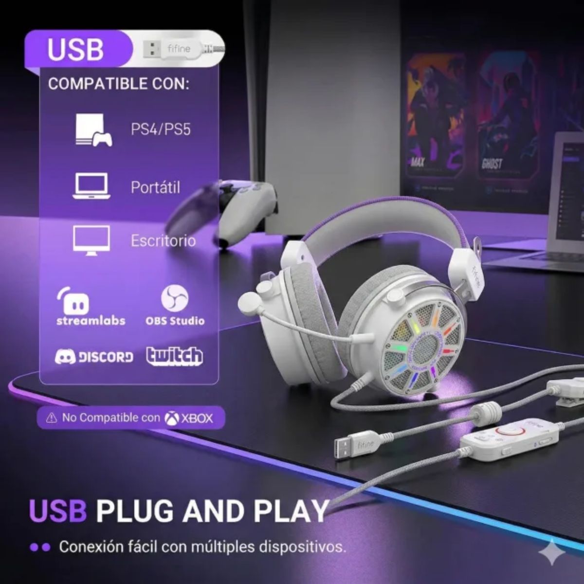 AUDÍFONO FIFINE AMPLIGAME H19 RGB SONIDO VIRTUAL 7.1 - BLANCO - 6