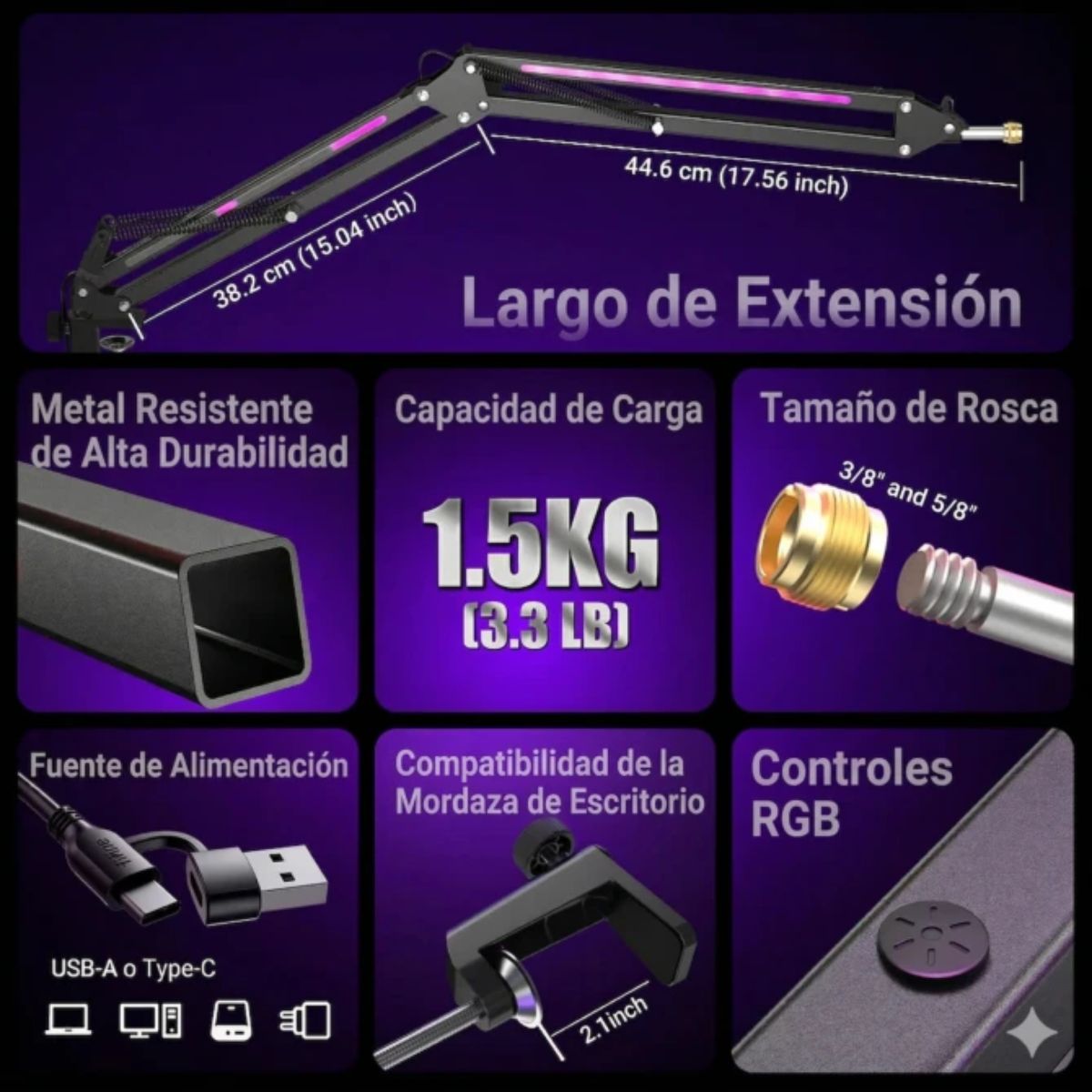 BRAZO PARA MICRÓFONO FIFINE BM38 RGB - NEGRO - 3