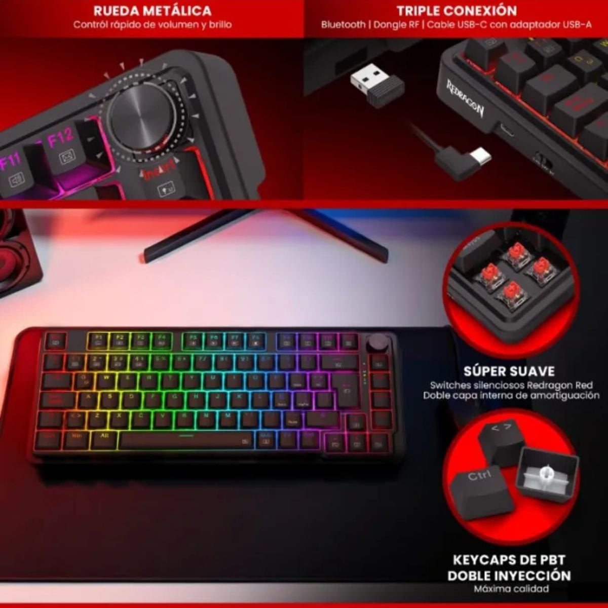TECLADO REDRAGON UCAL PRO K673 75% WIRELESS ESPAÑOL - BLACK - 6