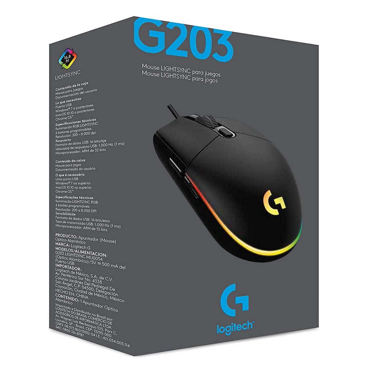 MOUSE LOGITECH G203 LIGHTSYNC RGB 8000 DPI - NEGRO - 6