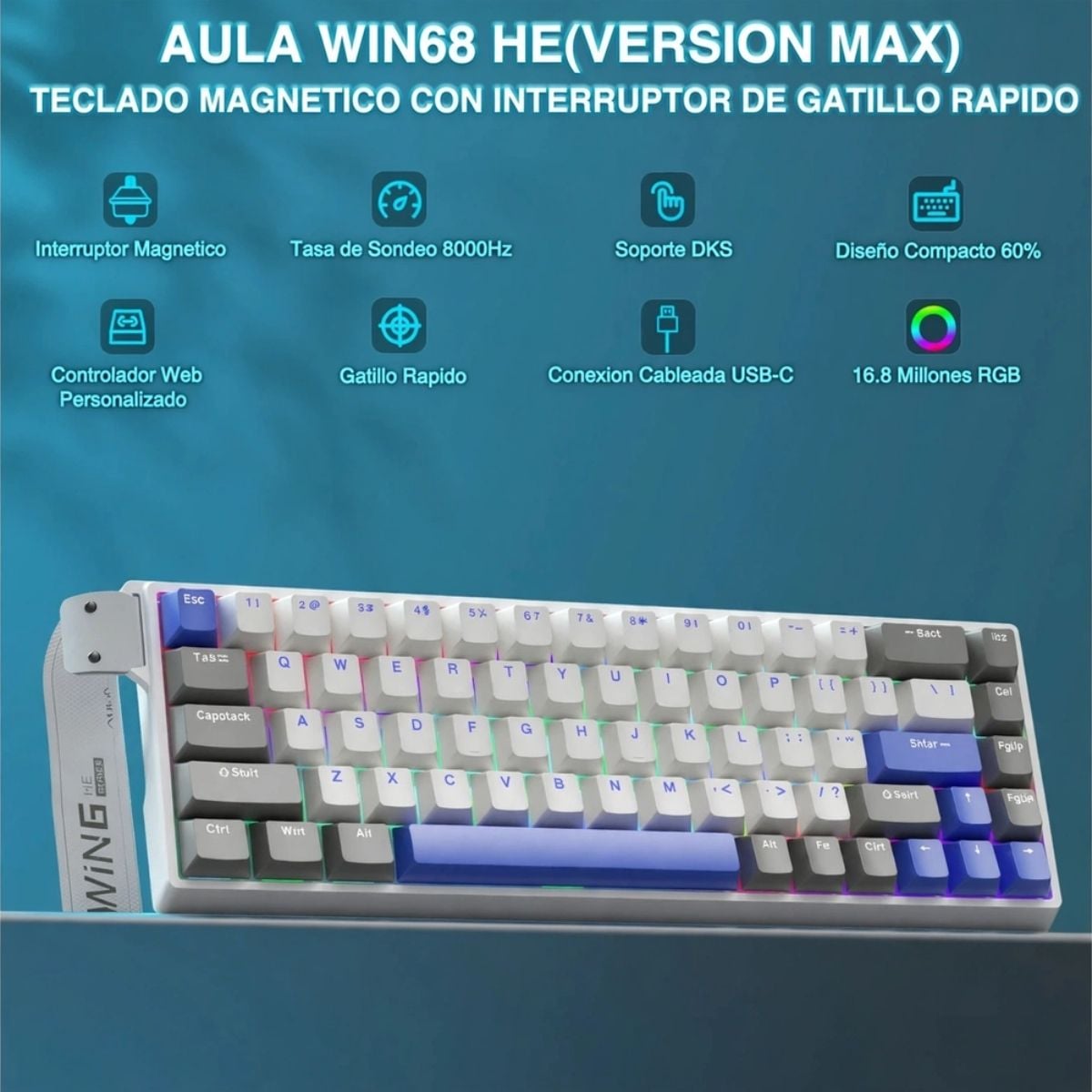 TECLADO AULA WIN68HE MAX WIRED 65% GREY WHITE BLUE SWITCH MAGNETIC - 2