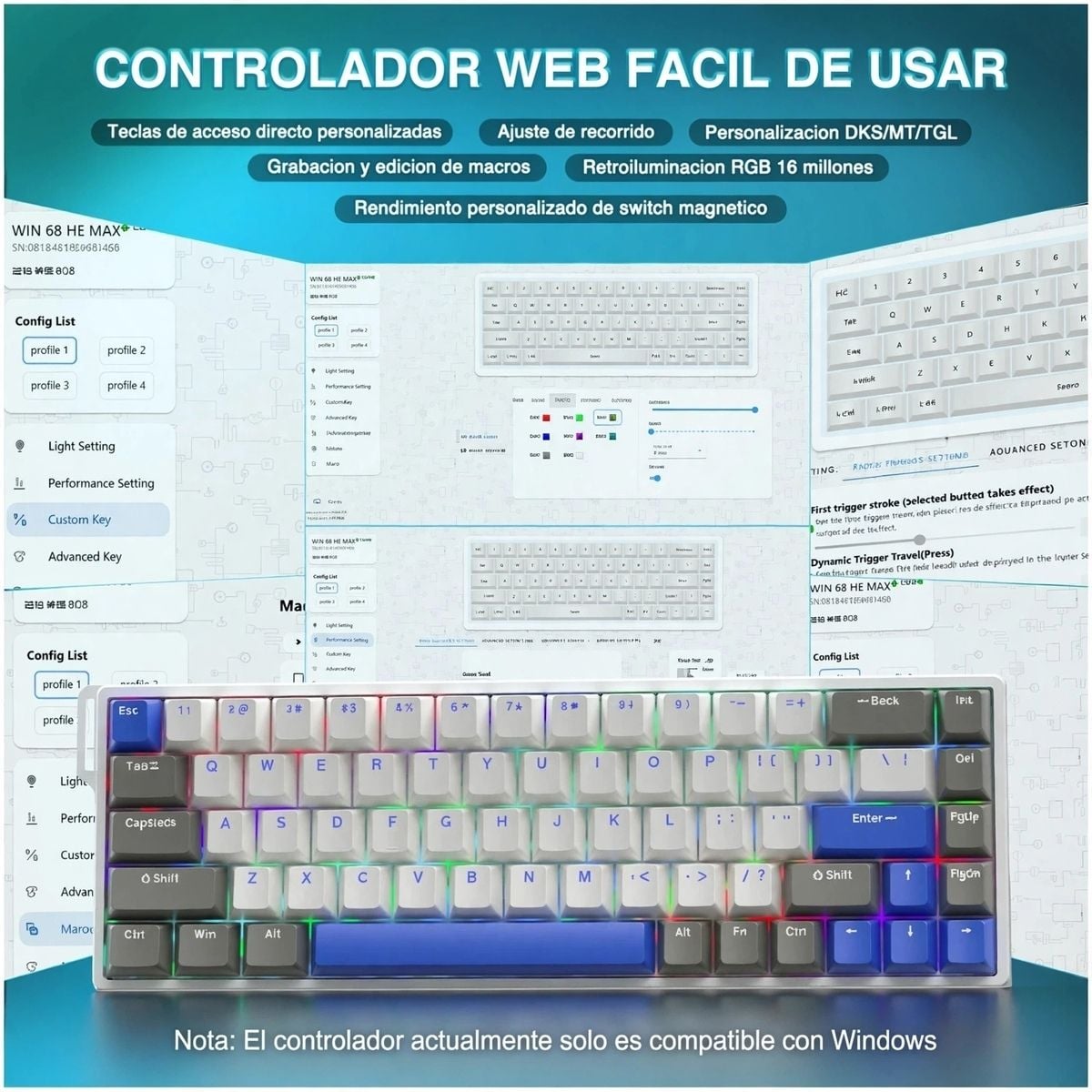 TECLADO AULA WIN68HE MAX WIRED 65% GREY WHITE BLUE SWITCH MAGNETIC - 6