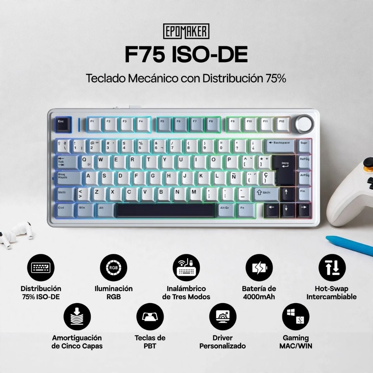 TECLADO AULA F75 WIRELESS ESPAÑOL BLUE WHITE PURPLE SWITCH REAPER - 2