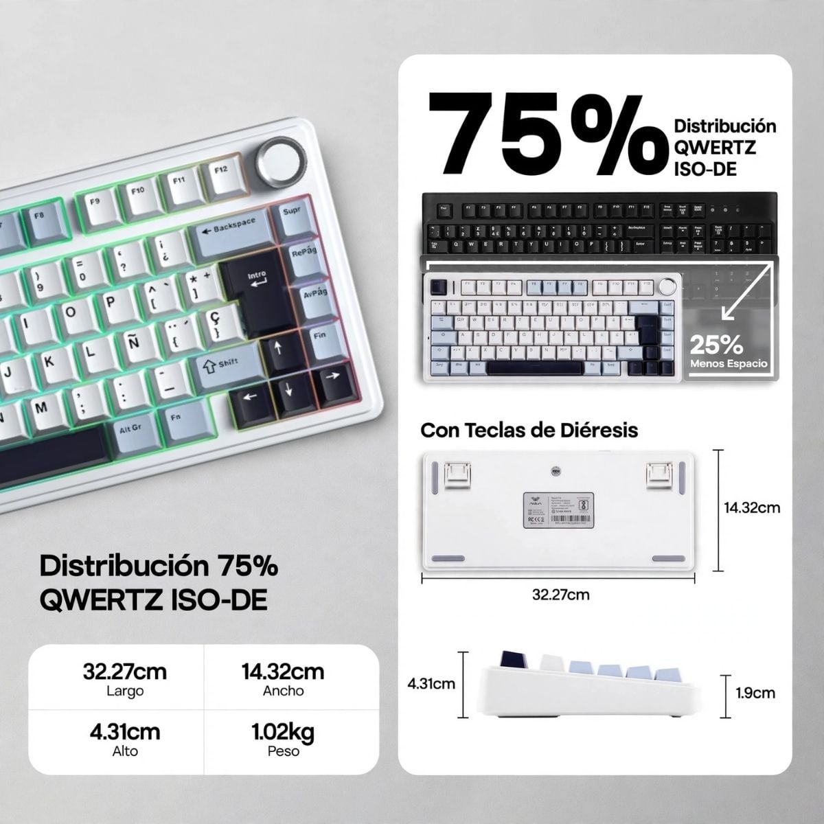 TECLADO AULA F75 WIRELESS ESPAÑOL BLUE WHITE PURPLE SWITCH REAPER - 5