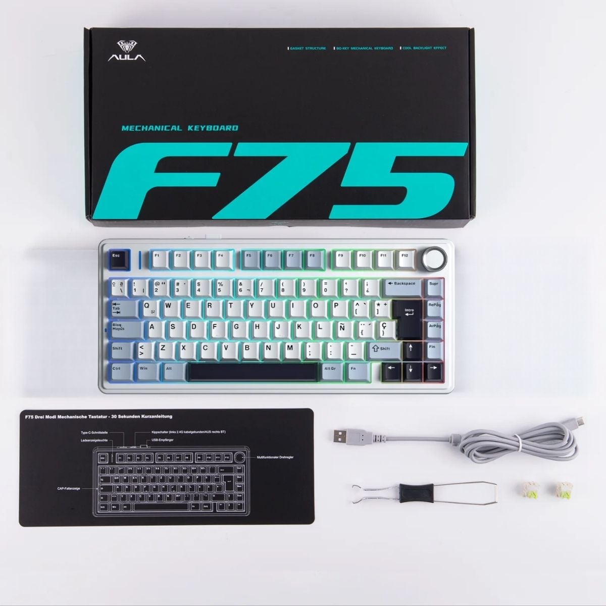 TECLADO AULA F75 WIRELESS ESPAÑOL BLUE WHITE PURPLE SWITCH REAPER - 6