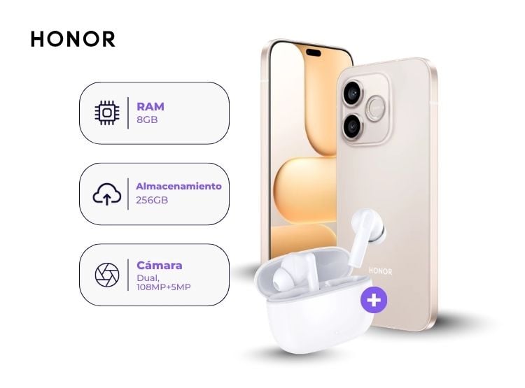 HONOR 600E 256GB 8GB RAM DORADO Y EARBUDS X7 LITE - 1