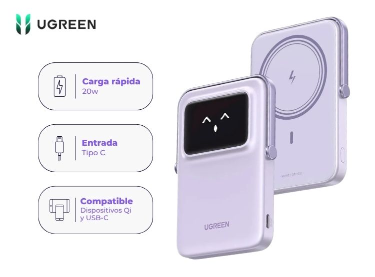 POWER BANK UGREEN UNO PB572 10000MAH 20W INALÁMBRICO MAGNÉTICO CON SOPORTE LILA - 1