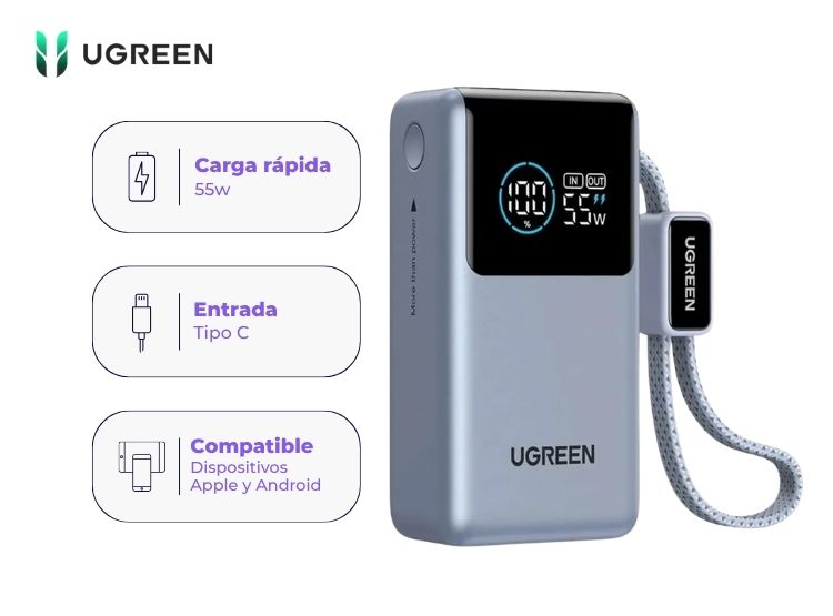 POWER BANK UGREEN NEXODE PRO 10000MAH 55W PB727 CARGA RÁPIDA CON CABLE USB C INTEGRADO - 1
