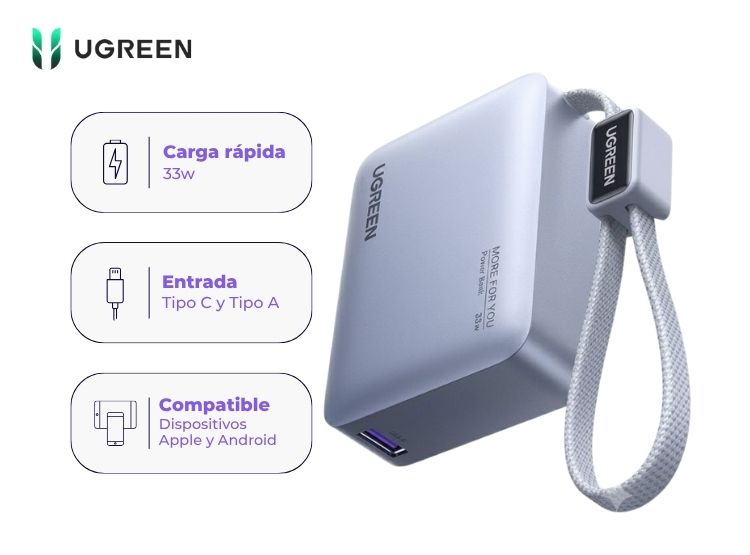 POWER BANK UGREEN PB584 10000MAH 33W CON CABLE USB-C INTEGRADO - 1
